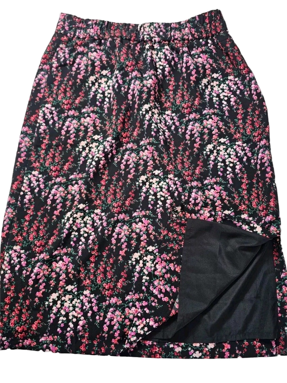 🧸J CREW Floral Print Black Midi Skirt with Pink Accents elastic waist size L GUC